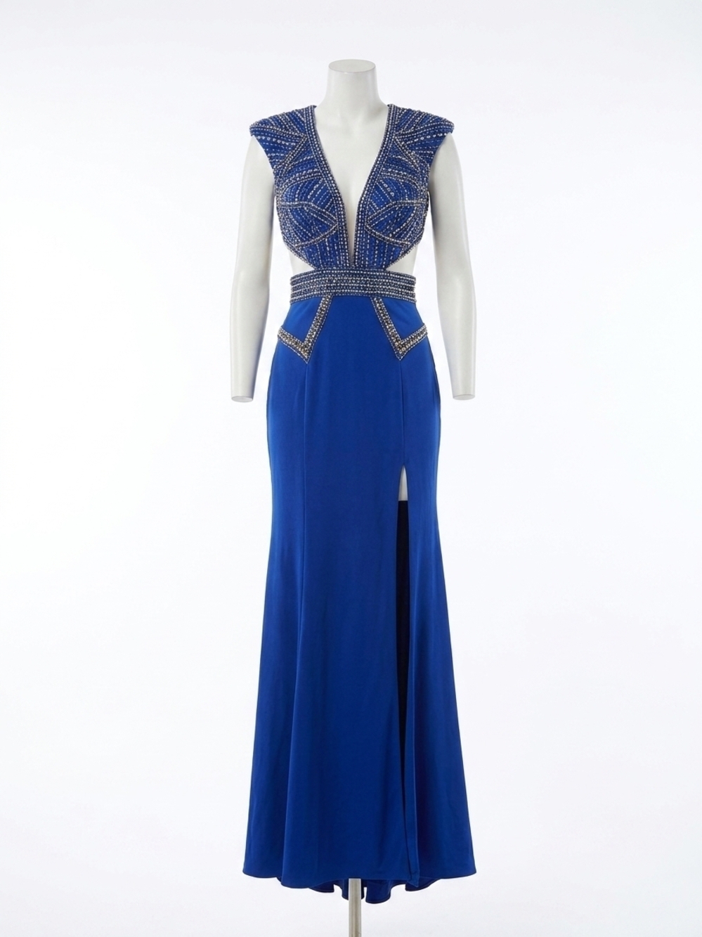 NEW MAC DUGGAL plunging neck full length gown in royal/silver